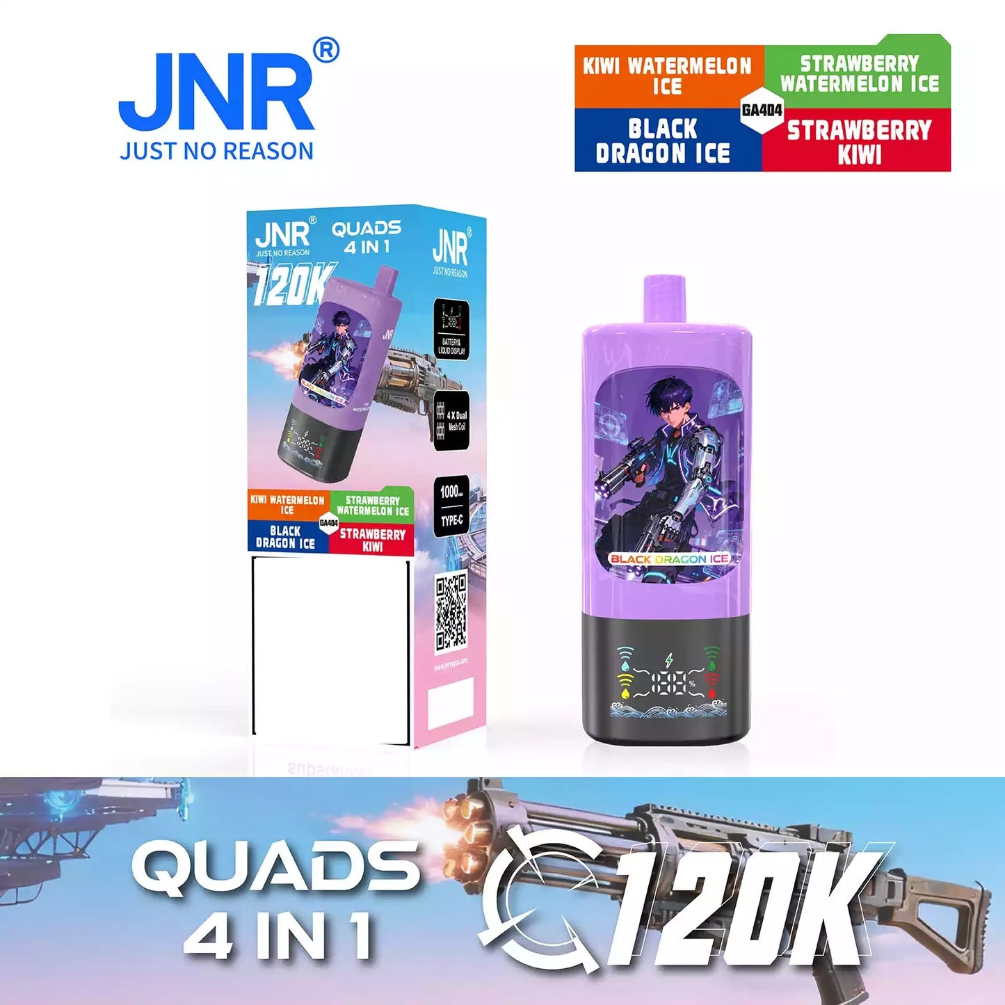 JNR QUADS 4IN1 120K 120000 Puffs Big Cloud Wholesale Rechargeable Disposable Vape Smart Display Bulk Buy