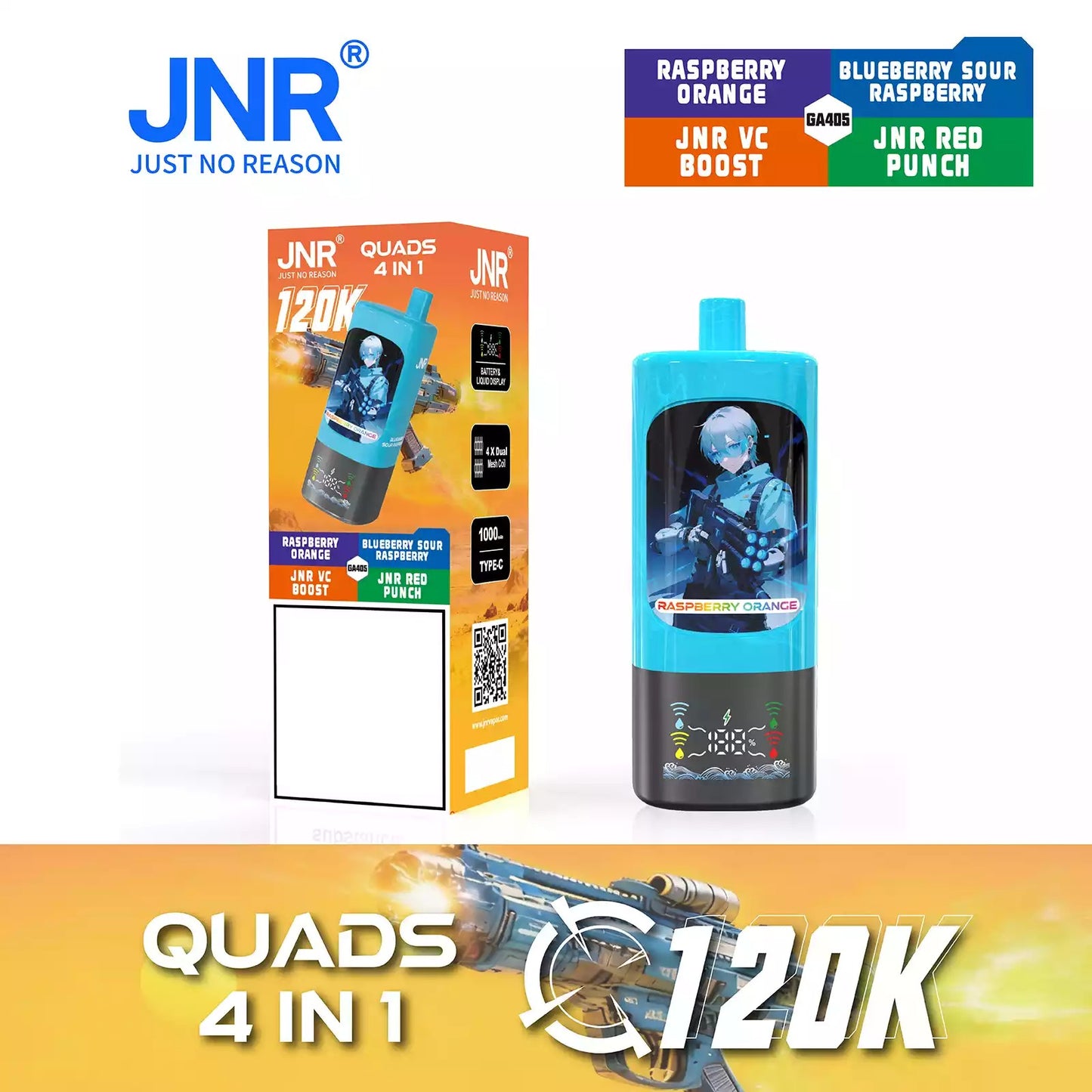 JNR QUADS 4IN1 120K 120000 Puffs Big Cloud Wholesale Rechargeable Disposable Vape Smart Display Bulk Buy