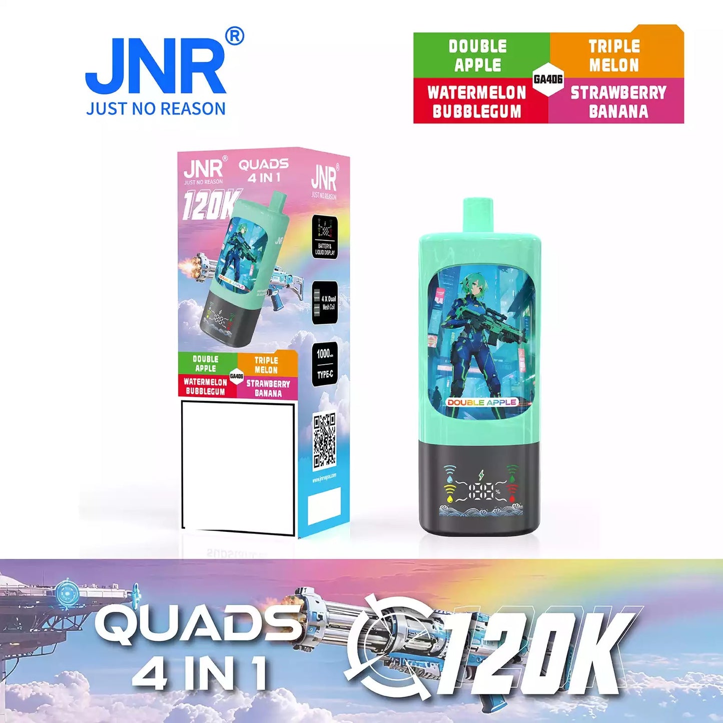 JNR QUADS 4IN1 120K 120000 Puffs Big Cloud Wholesale Rechargeable Disposable Vape Smart Display Bulk Buy