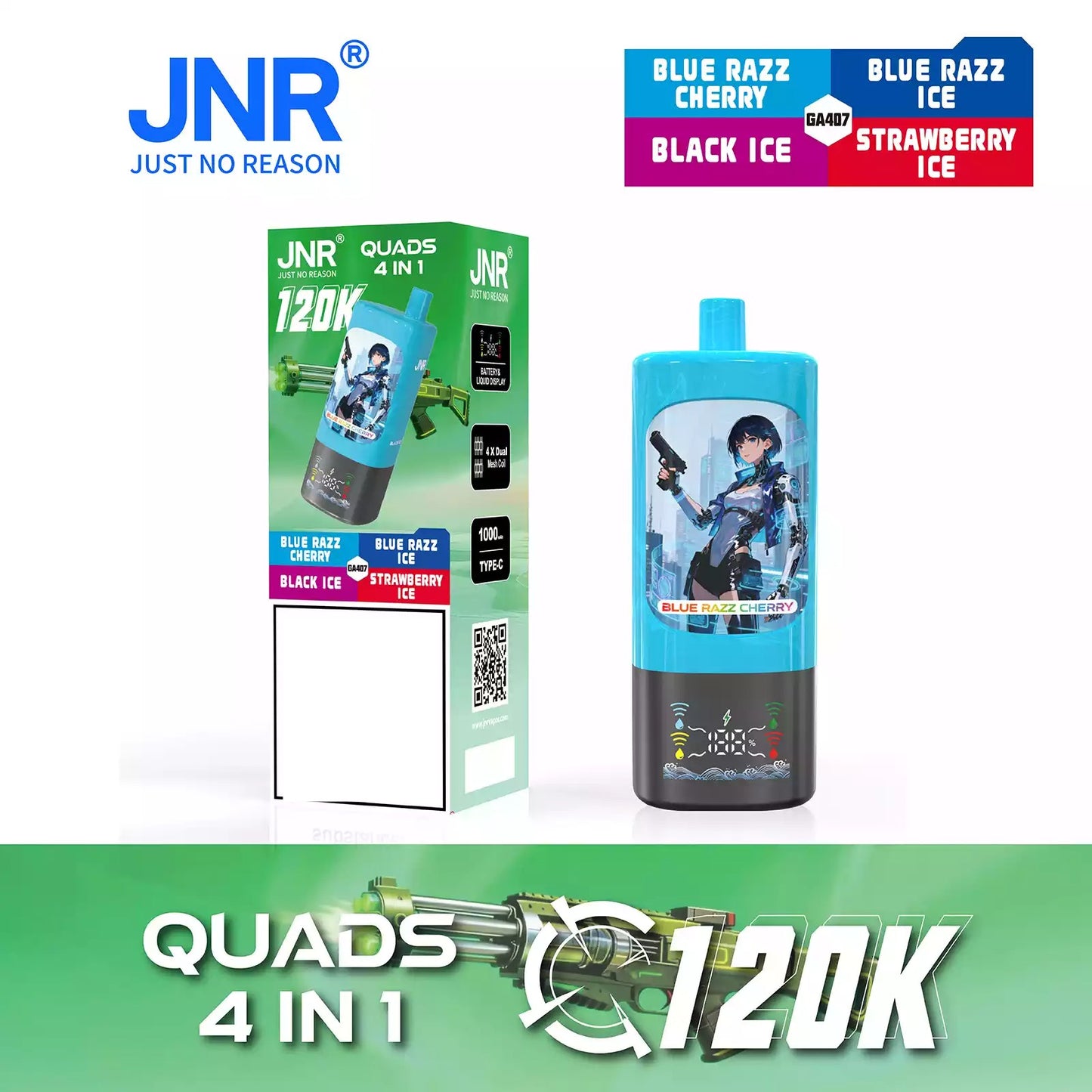 JNR QUADS 4IN1 120K 120000 Puffs Big Cloud Wholesale Rechargeable Disposable Vape Smart Display Bulk Buy