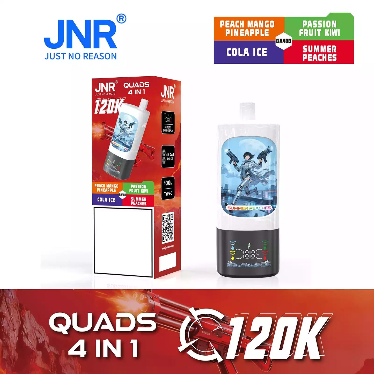 JNR QUADS 4IN1 120K 120000 Puffs Big Cloud Wholesale Rechargeable Disposable Vape Smart Display Bulk Buy