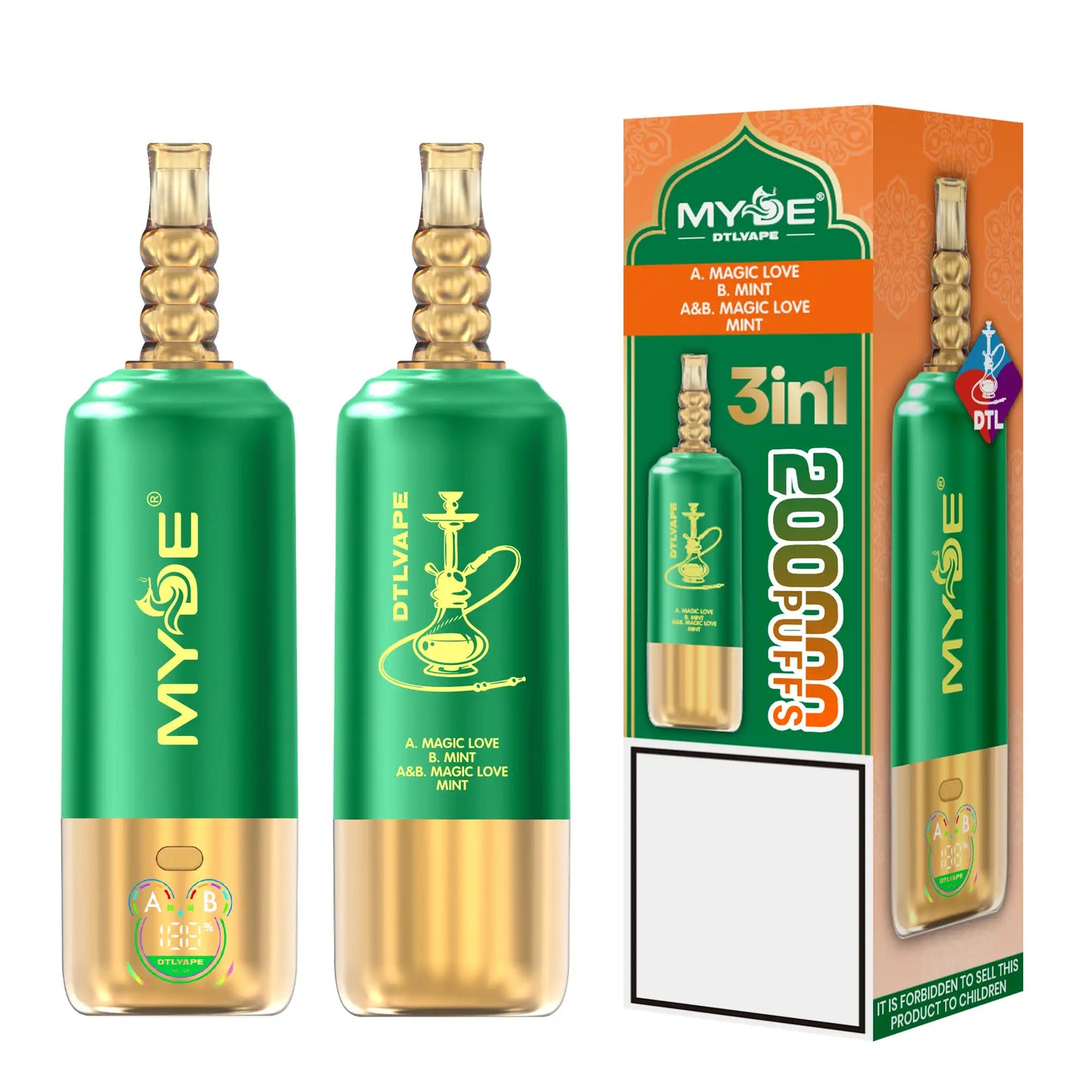 MYDE DTL 3 In 1 Taste 200000 Puffs Shisha Hookah Disposable Vapes 200K Wholesale Bulk Buy Mesh Coil LED Display