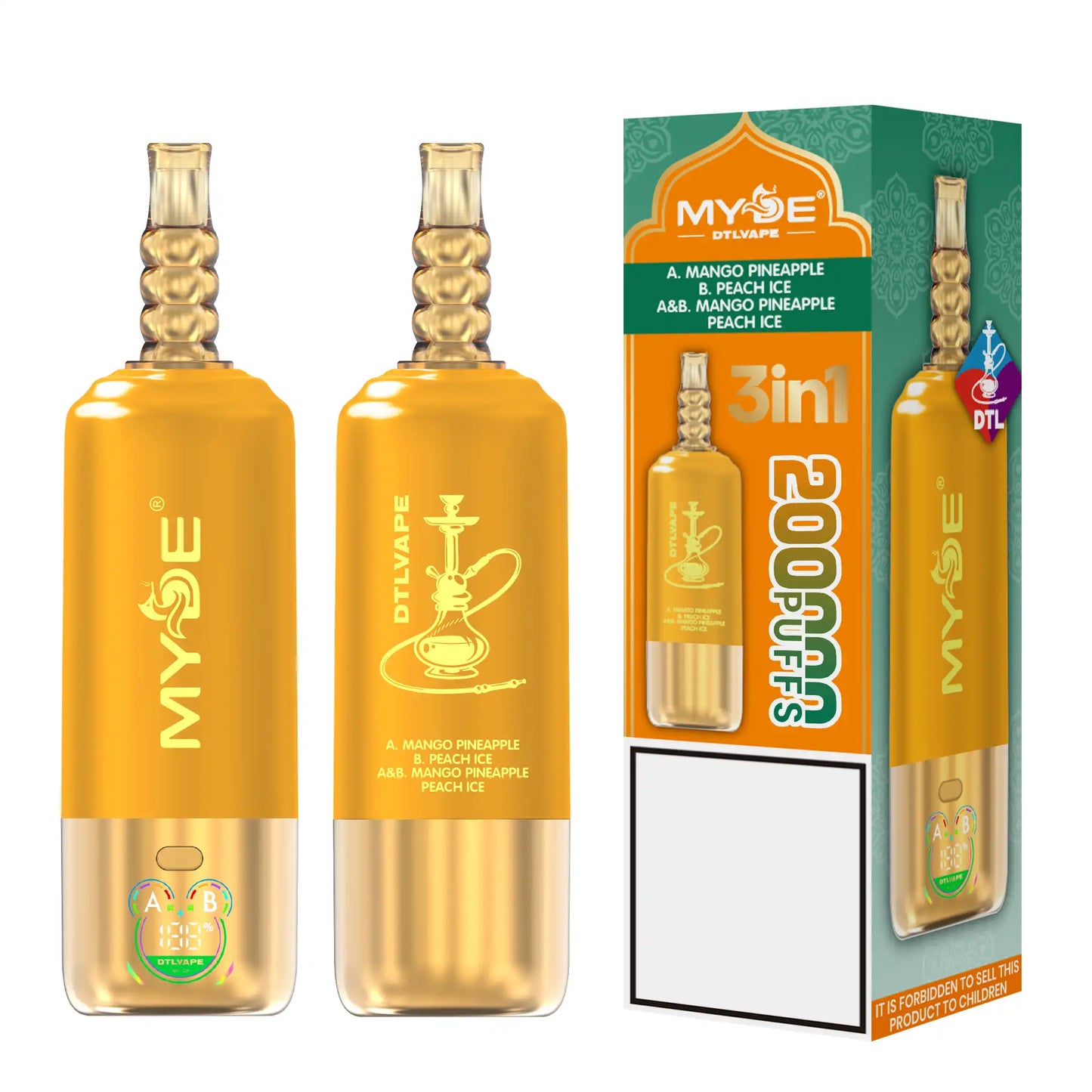 MYDE DTL 3 In 1 Taste 200000 Puffs Shisha Hookah Disposable Vapes 200K Wholesale Bulk Buy Mesh Coil LED Display