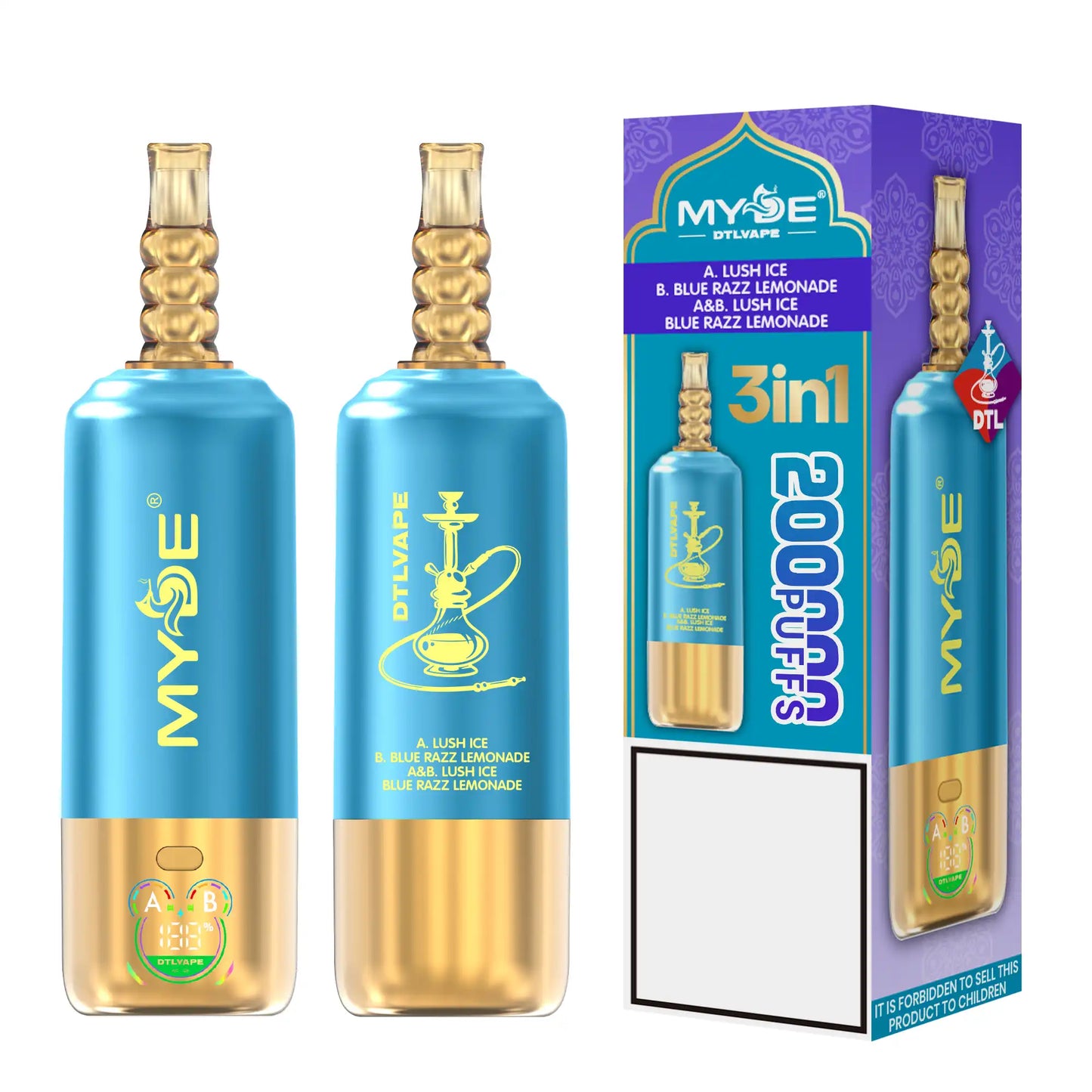 MYDE DTL 3 In 1 Taste 200000 Puffs Shisha Hookah Disposable Vapes 200K Wholesale Bulk Buy Mesh Coil LED Display