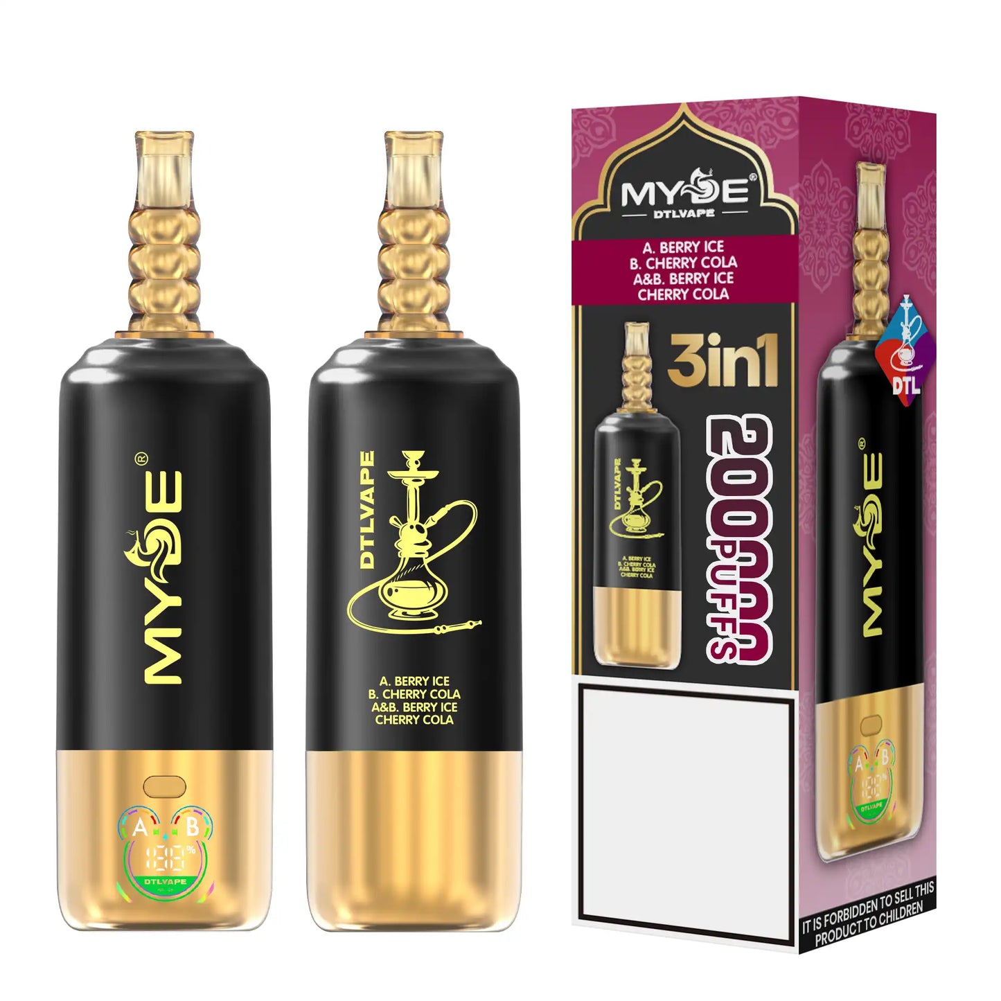 MYDE DTL 3 In 1 Taste 200000 Puffs Shisha Hookah Disposable Vapes 200K Wholesale Bulk Buy Mesh Coil LED Display