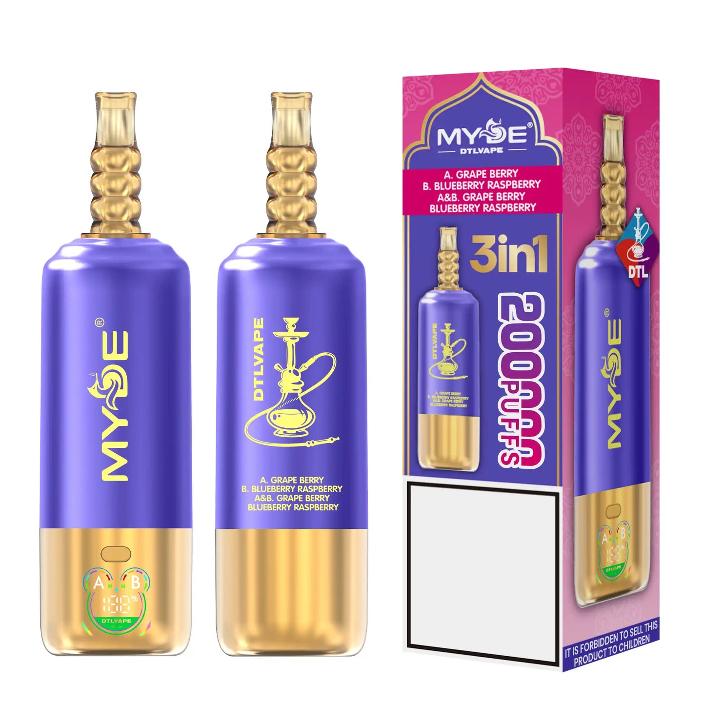 MYDE DTL 3 In 1 Taste 200000 Puffs Shisha Hookah Disposable Vapes 200K Wholesale Bulk Buy Mesh Coil LED Display