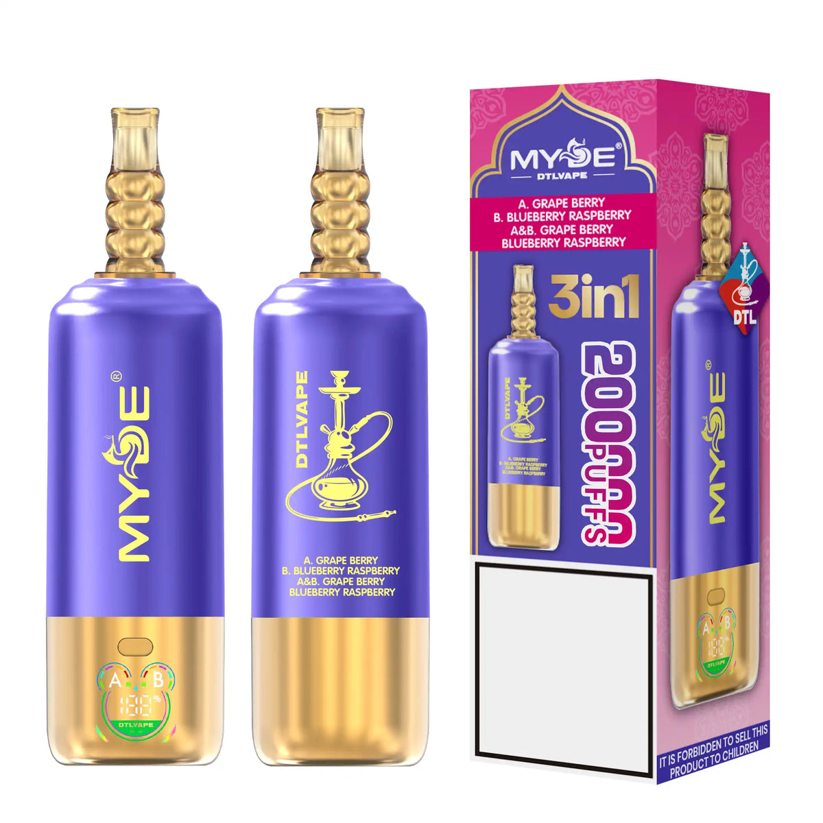 MYDE DTL 3 In 1 Taste 200000 Puffs Shisha Hookah Disposable Vapes 200K Wholesale Bulk Buy Mesh Coil LED Display