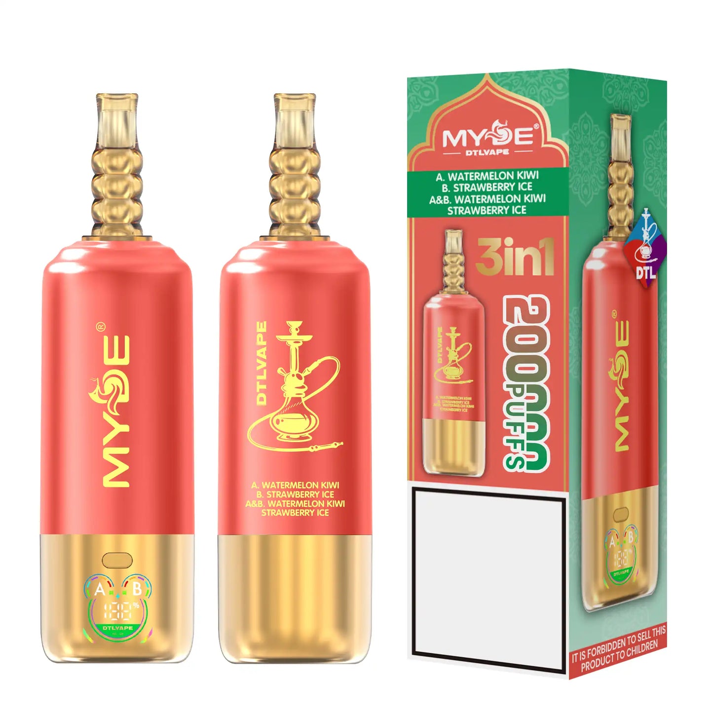 MYDE DTL 3 In 1 Taste 200000 Puffs Shisha Hookah Disposable Vapes 200K Wholesale Bulk Buy Mesh Coil LED Display