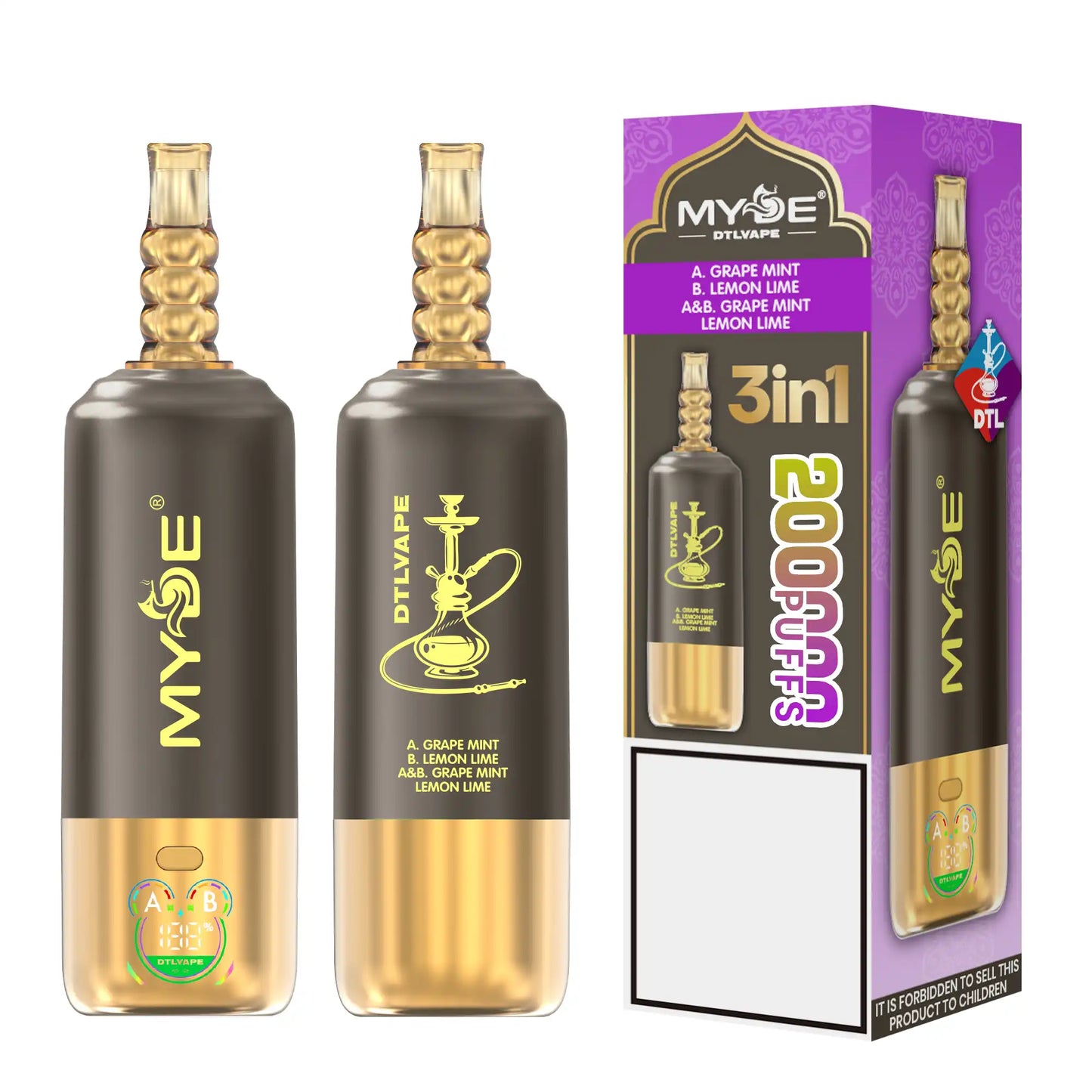 MYDE DTL 3 In 1 Taste 200000 Puffs Shisha Hookah Disposable Vapes 200K Wholesale Bulk Buy Mesh Coil LED Display