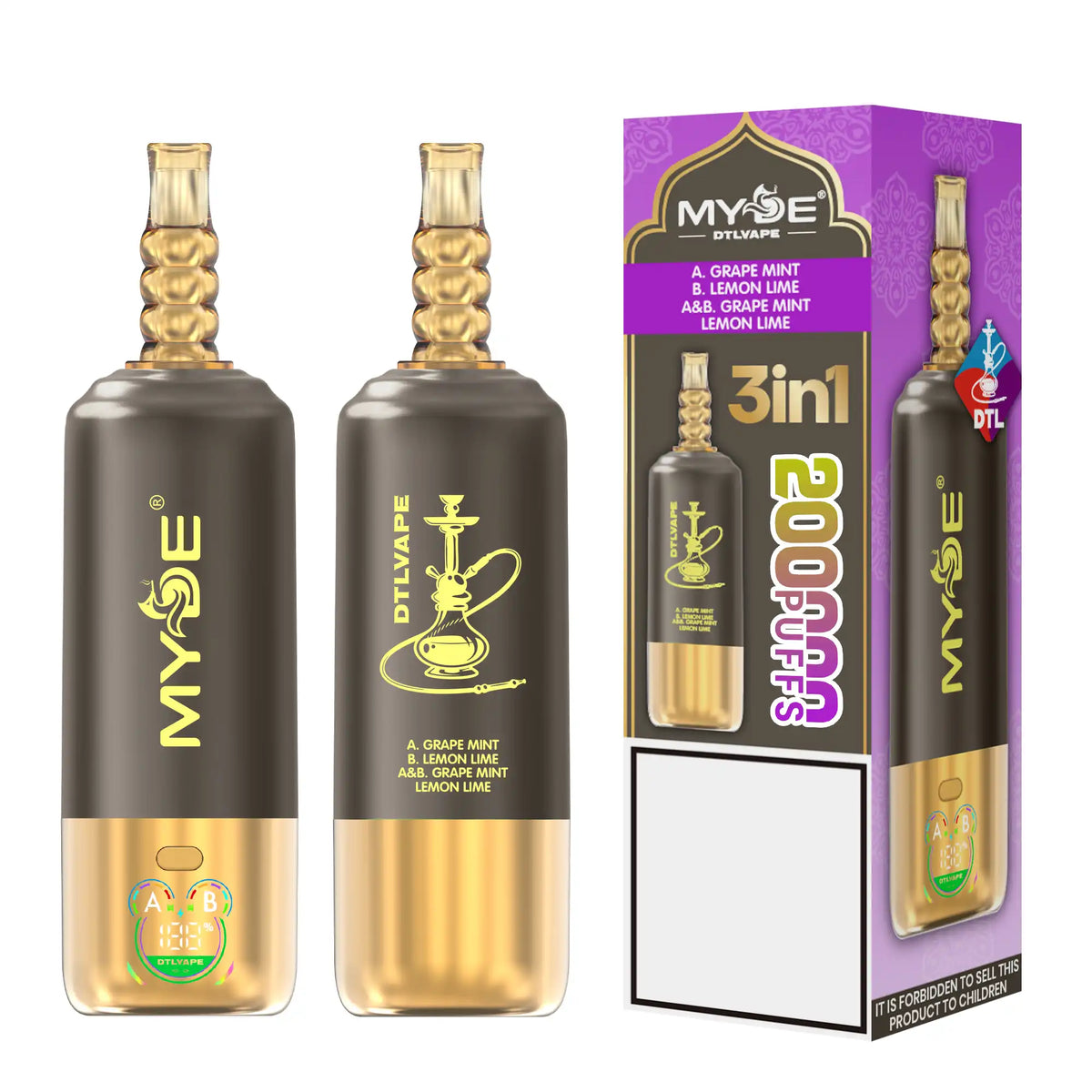 MYDE DTL 3 In 1 Taste 200000 Puffs Shisha Hookah Disposable Vapes 200K Wholesale Bulk Buy Mesh Coil LED Display