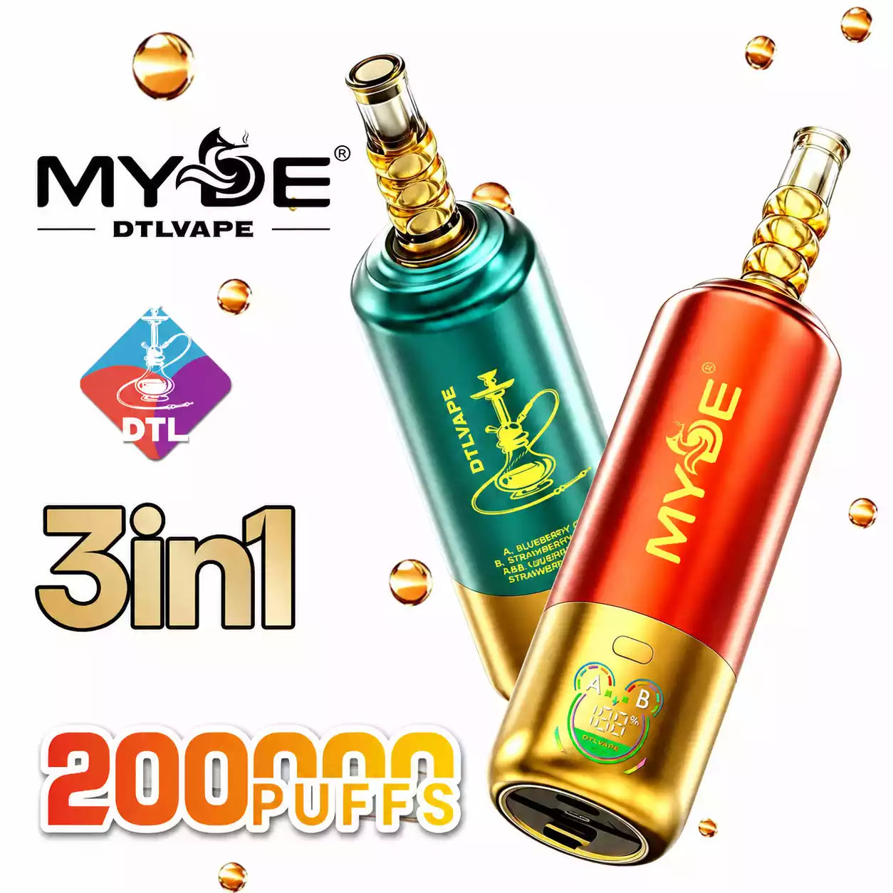 MYDE DTL 3 In 1 Taste 200000 Puffs Shisha Hookah Disposable Vapes 200K Wholesale Bulk Buy Mesh Coil LED Display