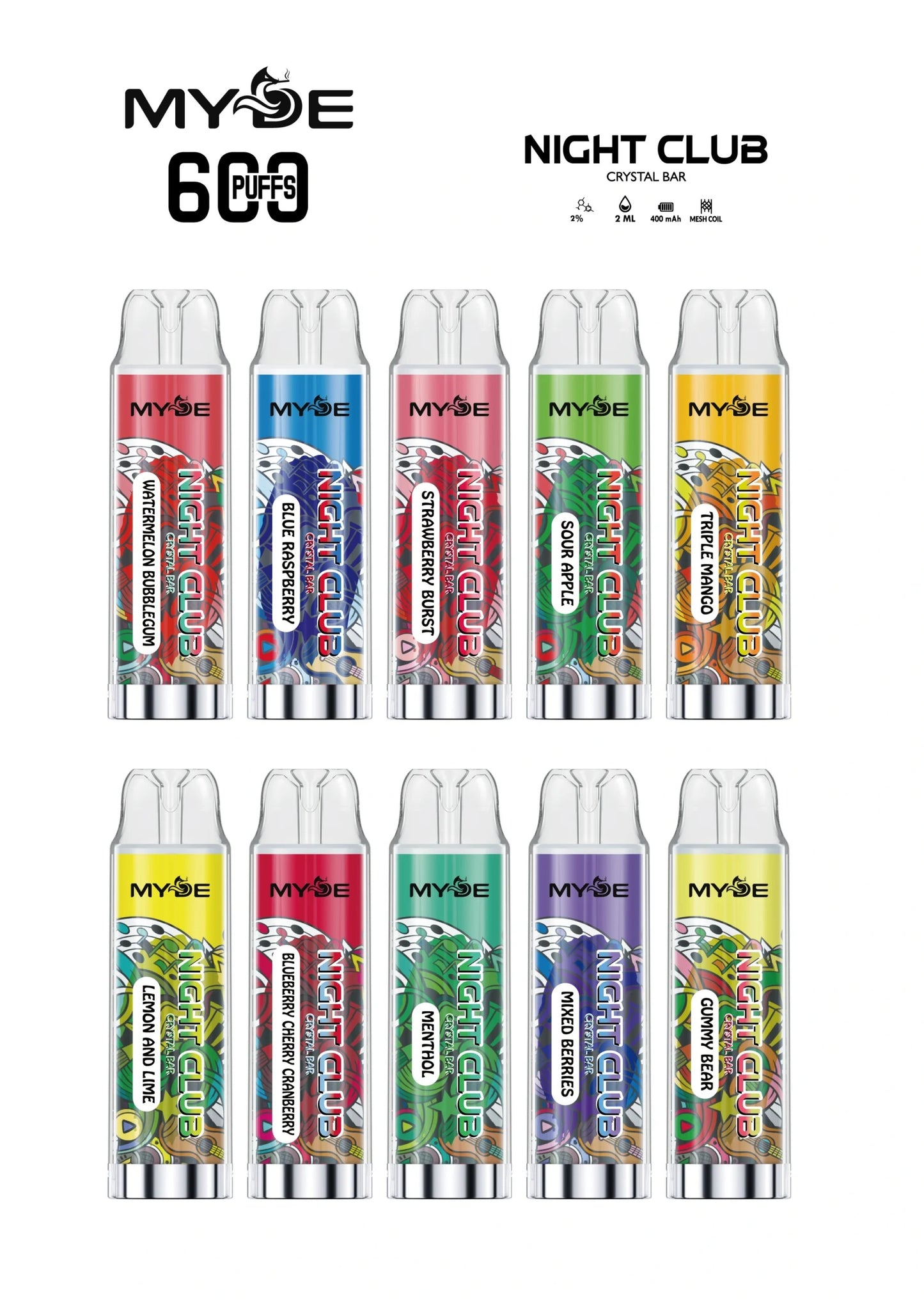 MYDE Night Club 600 Puffs Wholesale Disposable Vape Original Factory Support OEM ODM