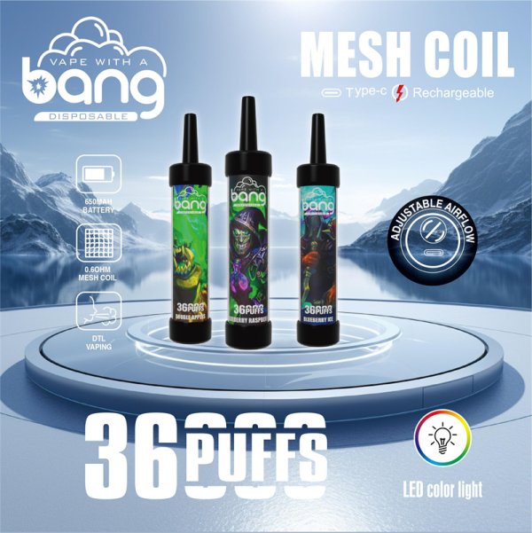 Bang Original 36000 Puffs With Sub Ohm Mesh Coils Dtl Disposable Vape Device E-Cigarette-650mAh Battery. 40ml E-liquid. Multiple Nicotine 12 Flavors