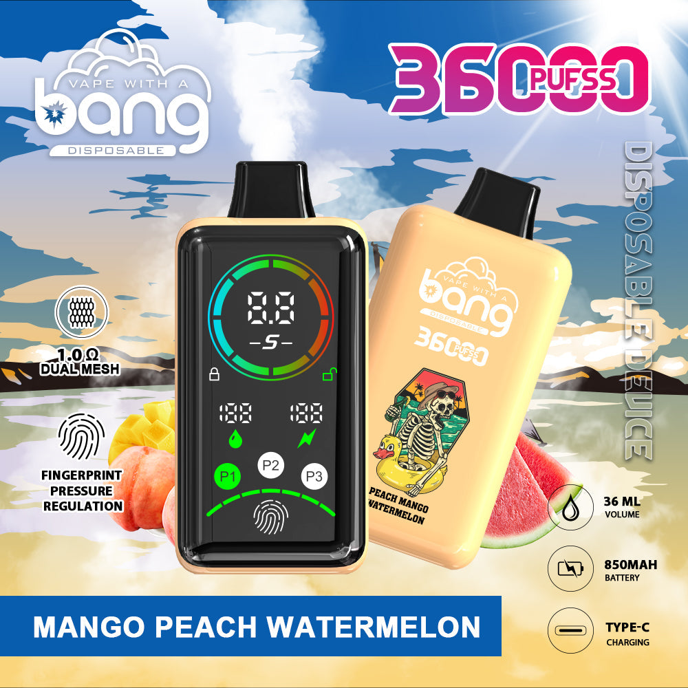 Bang 36000 Power Disposable Vape – 850mAh Battery. 36mL E-Liquid. 0% to 5% Nicotine Options 12 Flavors