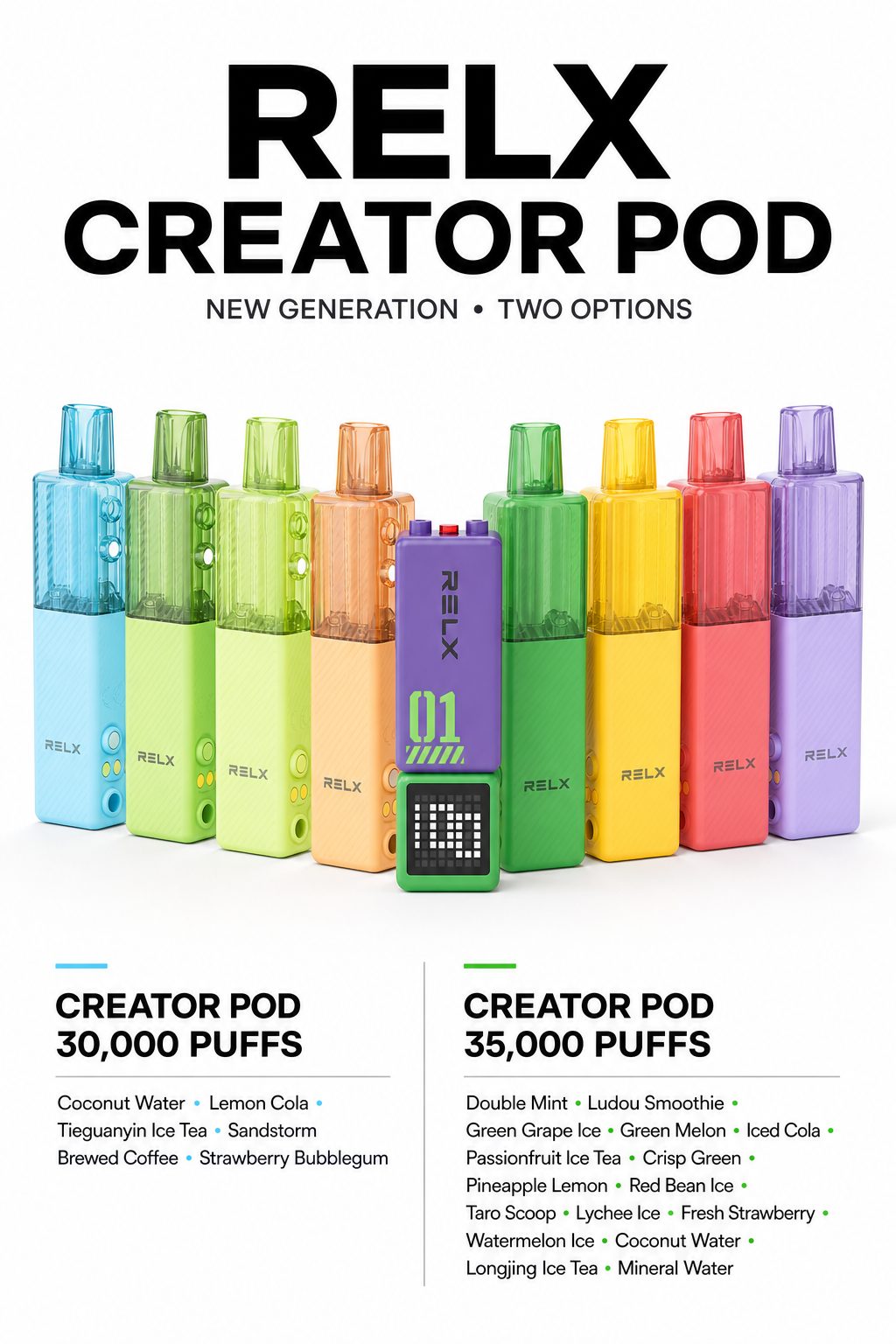 RELX Creator Pod – Best 35.000 Puff Refill Pods (5-Pack. 17 Flavors)