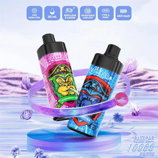 10000 Puffs Refillable Vape - 20ml, 2%/5% Nicotine, 16 Icy Flavors
