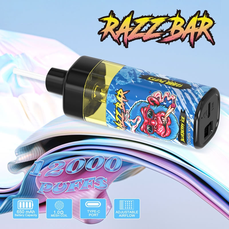 RAZZ BAR 12000 Puffs - 22mL, 5% Nic Salt, 16 Flavors, Refillable