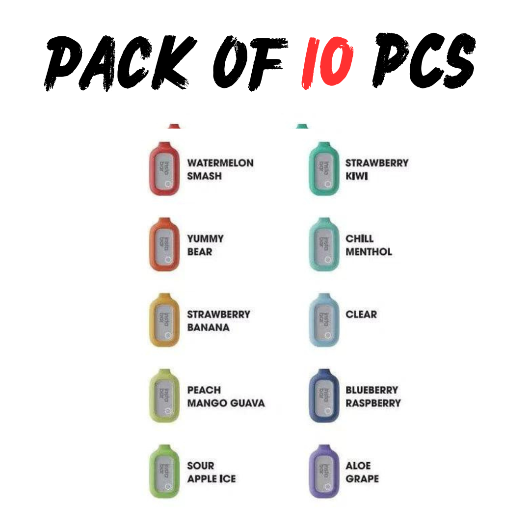 Packung mit 10 INSTA BAR 5000 PUFFS WIEDERAUFLADBAREN EINWEG-VAPE-POD-GERÄTEN 20 mg 2 ml