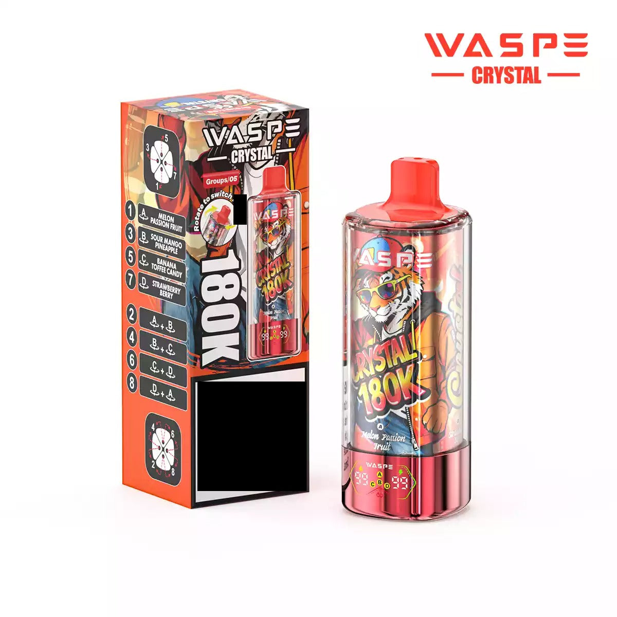 WASPE 8-in-1 Taste  Crystal 180000 Puffs 180K Disposable Vapes Wholesale Bulk Buy Rechargeable LED Screen