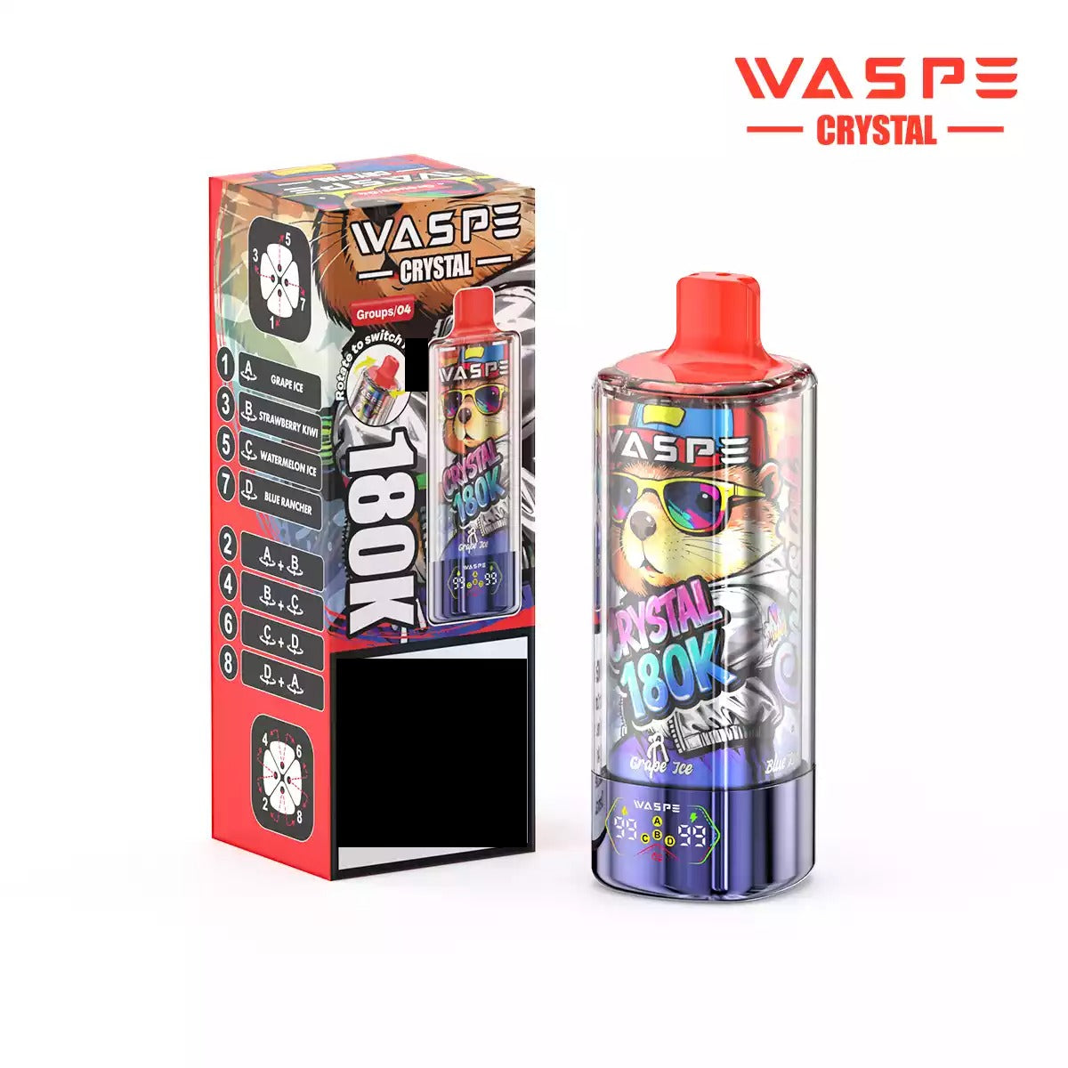 WASPE 8-in-1 Taste  Crystal 180000 Puffs 180K Disposable Vapes Wholesale Bulk Buy Rechargeable LED Screen