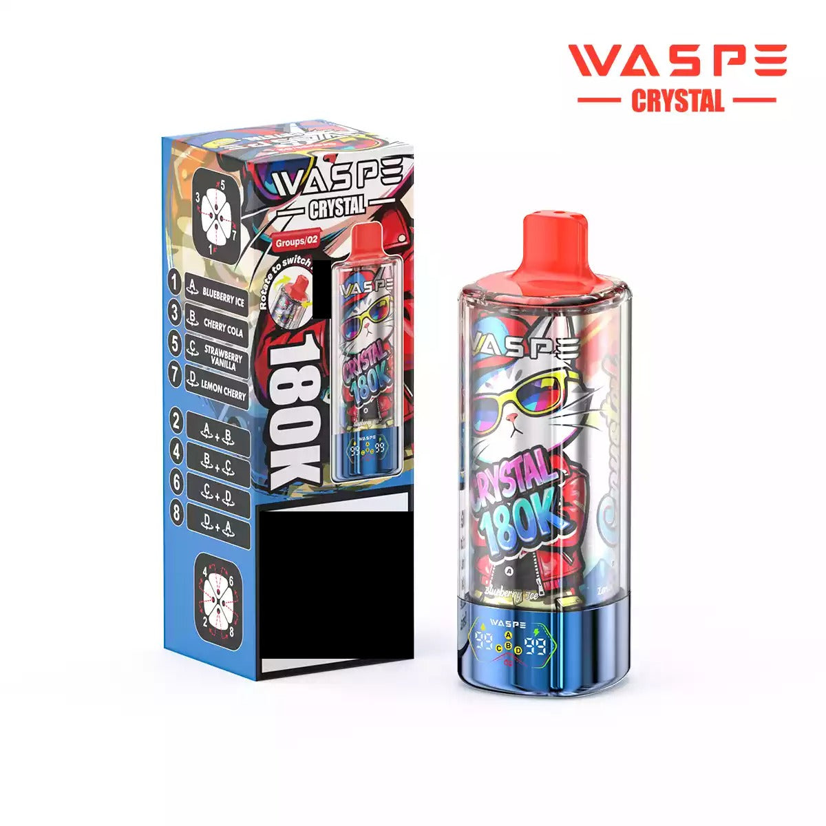 WASPE 8-in-1 Taste  Crystal 180000 Puffs 180K Disposable Vapes Wholesale Bulk Buy Rechargeable LED Screen