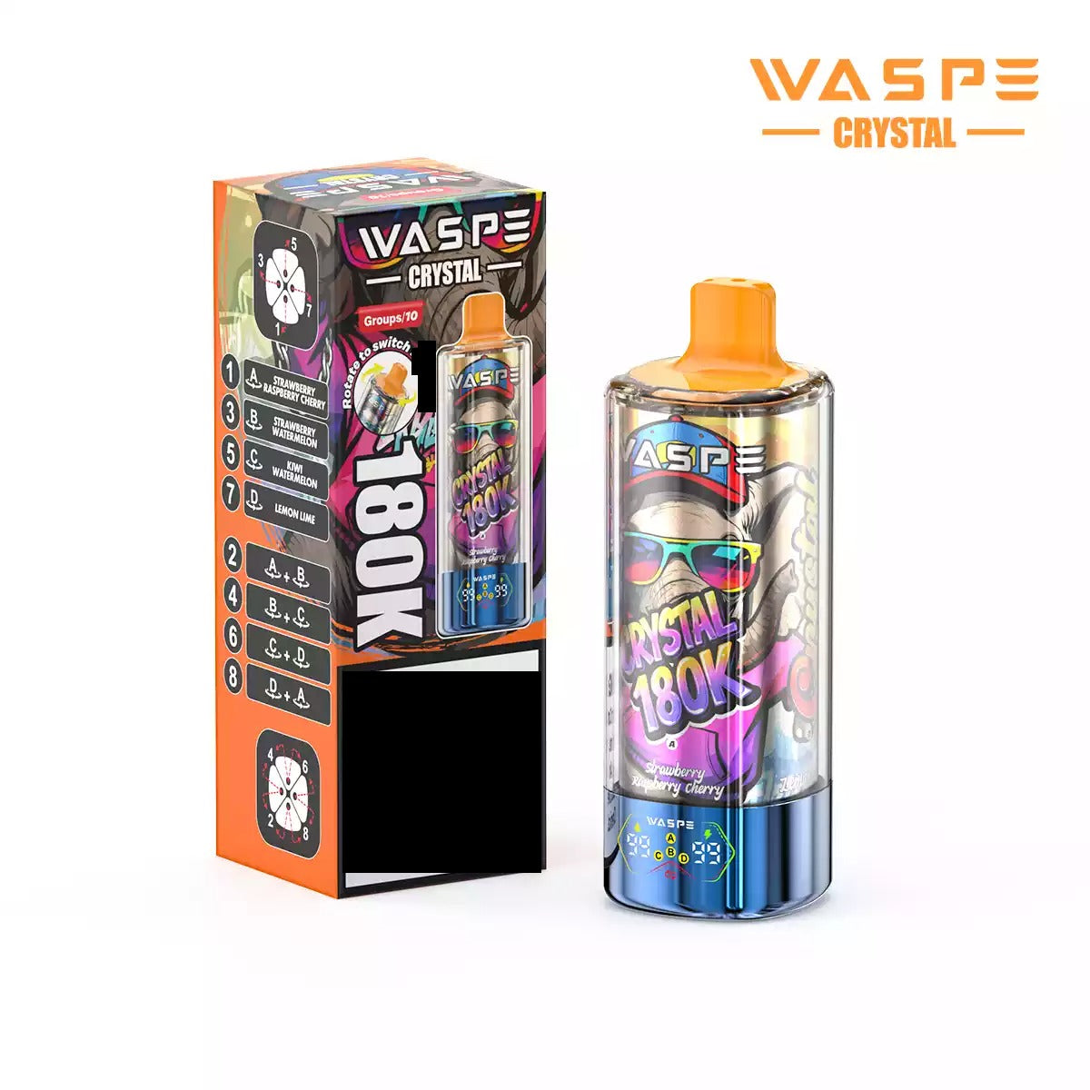 WASPE 8-in-1 Taste  Crystal 180000 Puffs 180K Disposable Vapes Wholesale Bulk Buy Rechargeable LED Screen