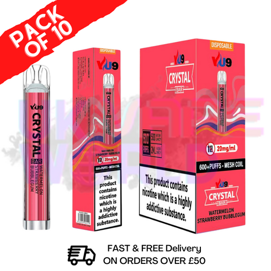 Wassermelone-Erdbeer-Kaugummi – Crystal Bar Puffs 600 VU9, 10er-Packung