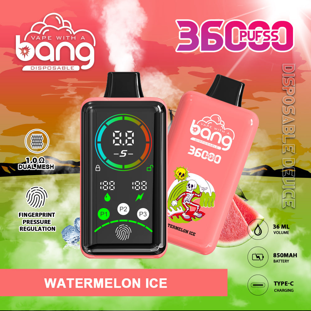Bang 36000 Power Disposable Vape – 850mAh Battery. 36mL E-Liquid. 0% to 5% Nicotine Options 12 Flavors