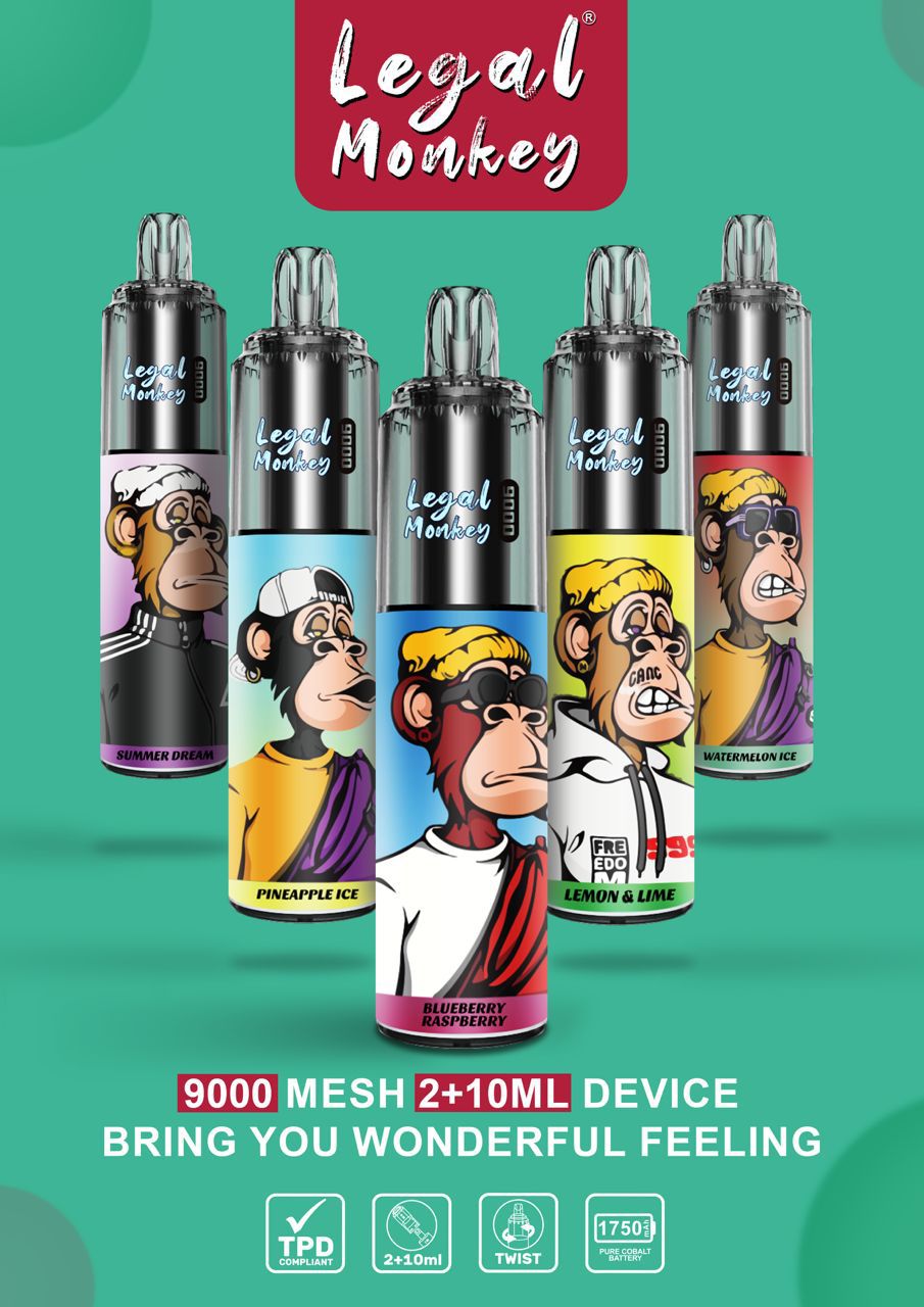 LEGAL MONKEY 9000 DISPOSABLE VAPE KIT 20MG TWIST TYPE 2+10ML TPD