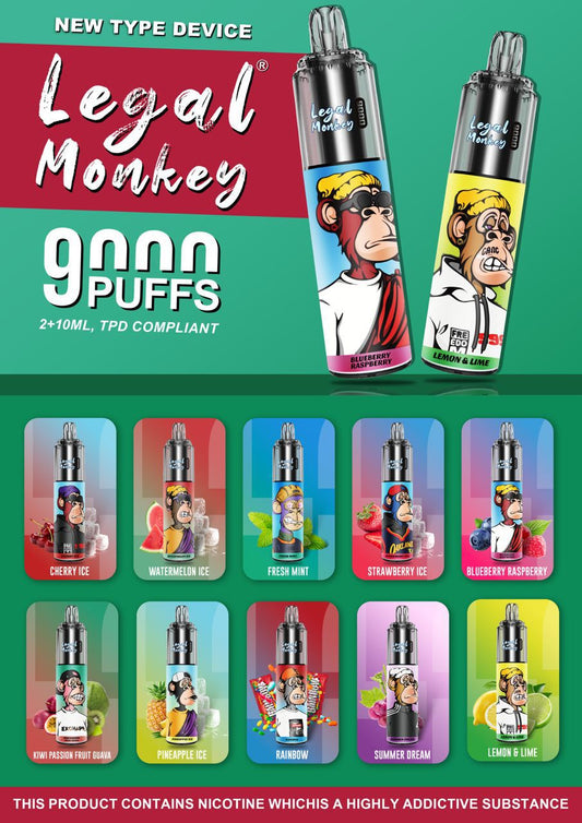 LEGAL MONKEY 9000 DISPOSABLE VAPE KIT 20MG TWIST TYPE 2+10ML TPD