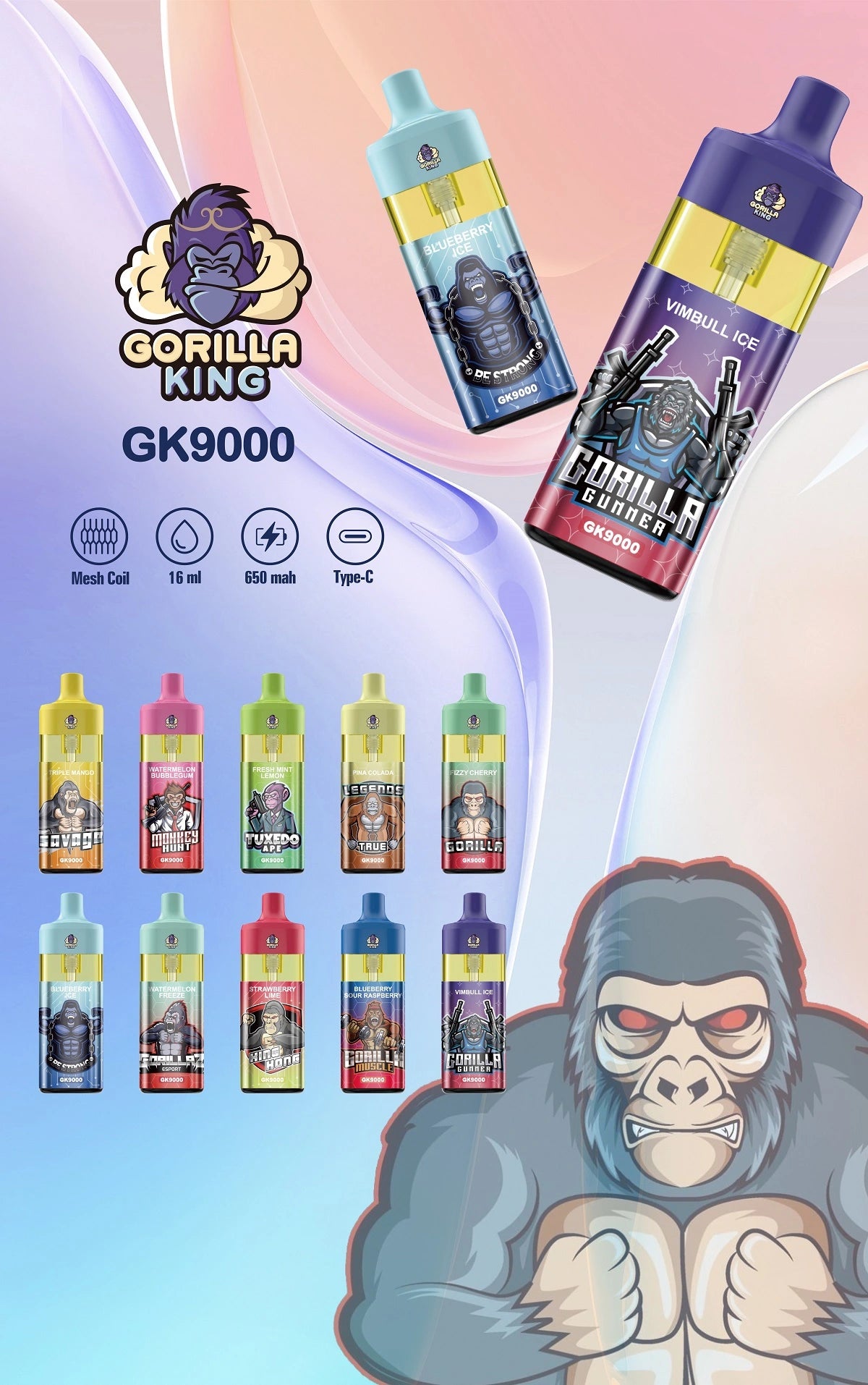 Reymont Gorilla King 9000 Puffs bood best-bejgħ bull lush ice tyson evo dc2500 70k sd vape 100000 atomizer vape