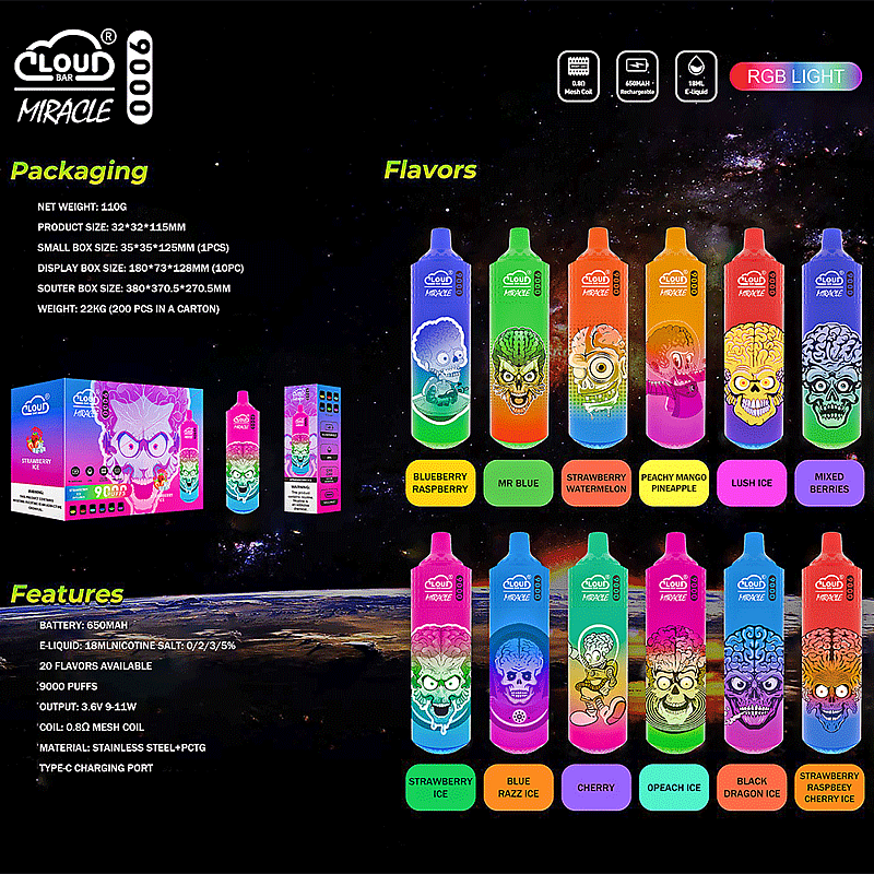 Cloud Bar Miracle 9000 Puffs 2% 3% 5% Nicotine Rechargeable Disposable vape