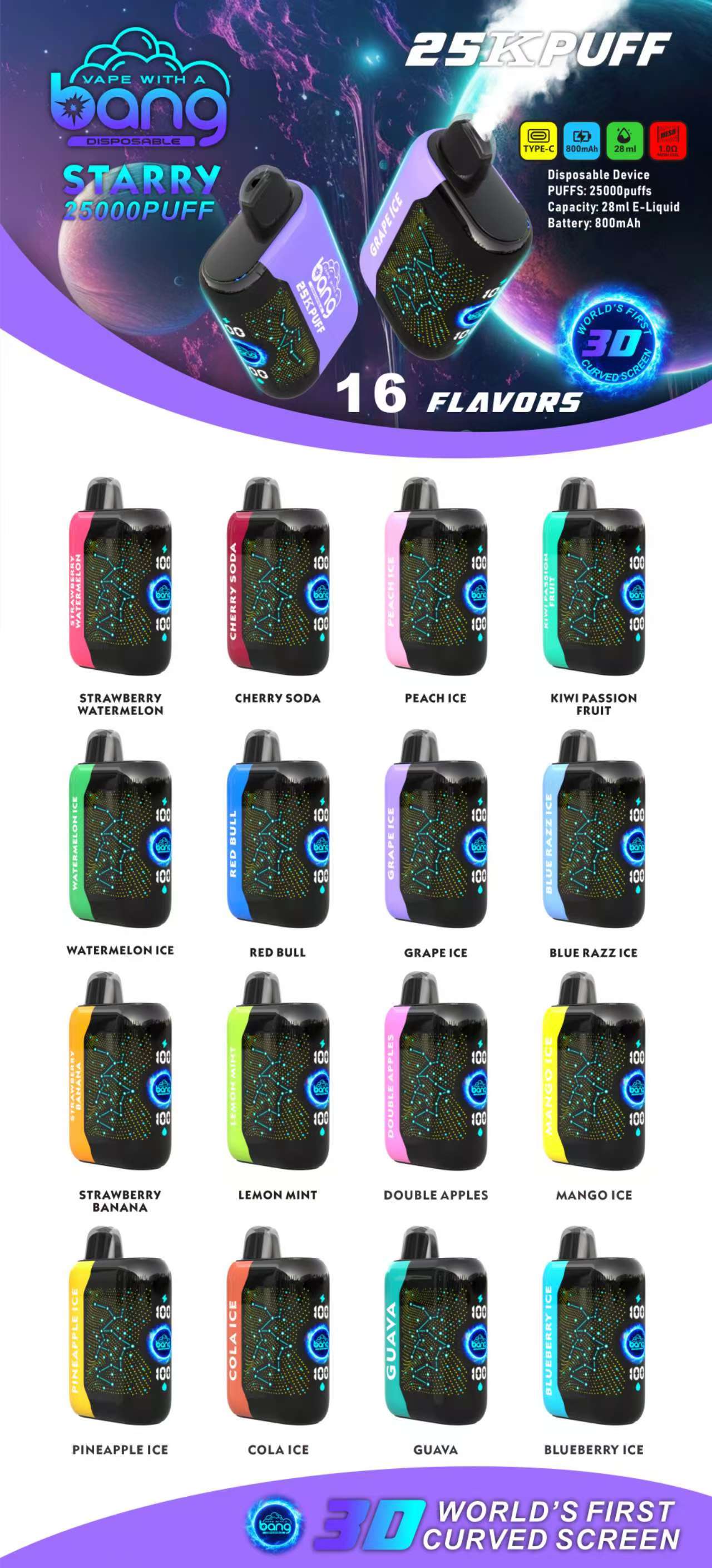 Bang starry 25000 puffs Disposable Vape-850mAh Battery. 30ml E-liquid. Multiple Nicotine 16 Flavors