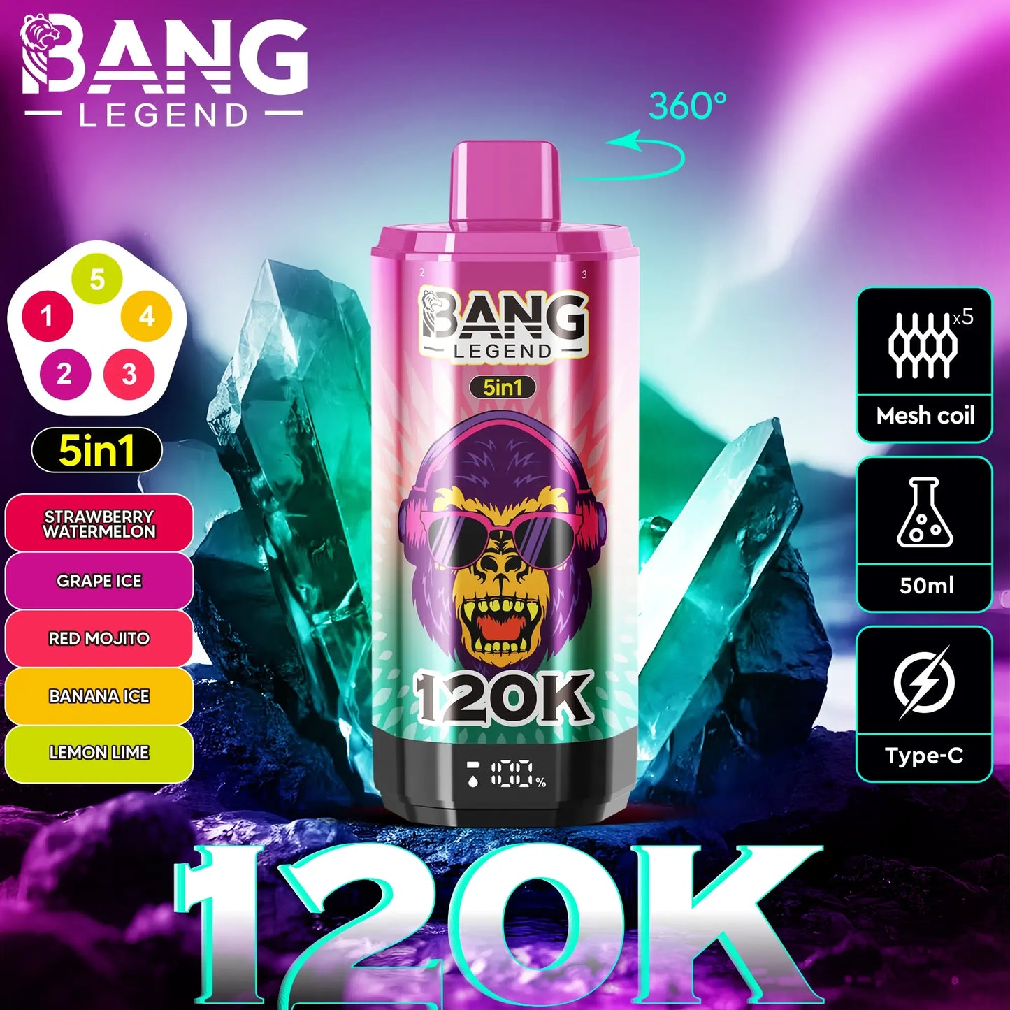 Bang Legend 120K – The Ultimate 5-in-1 Disposable Vape | 120.000 Puffs | Adjustable Triple Flavors | Nebula Burst