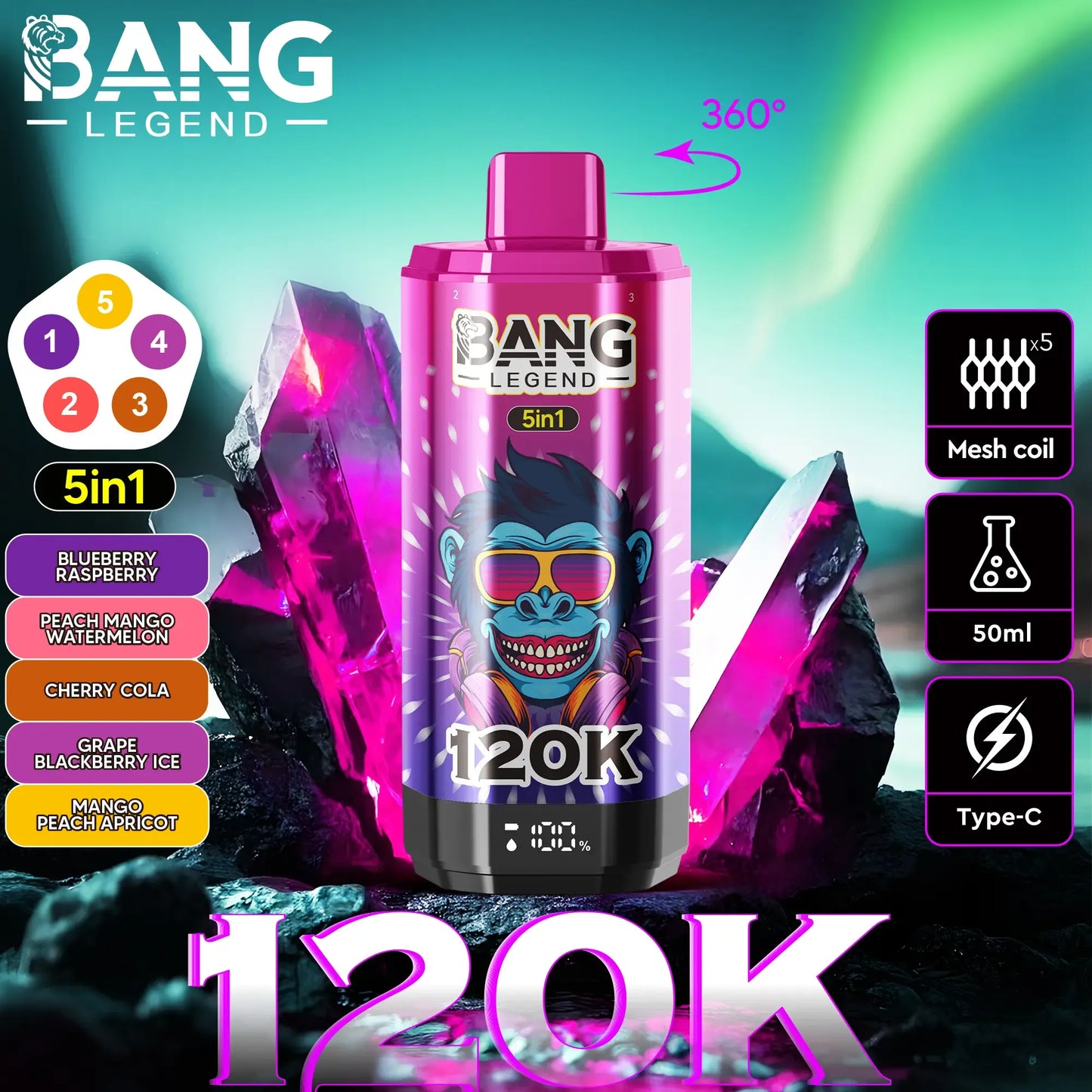 Bang Legend 120K – The Ultimate 5-in-1 Disposable Vape | 120.000 Puffs | Adjustable Triple Flavors | Nebula Burst