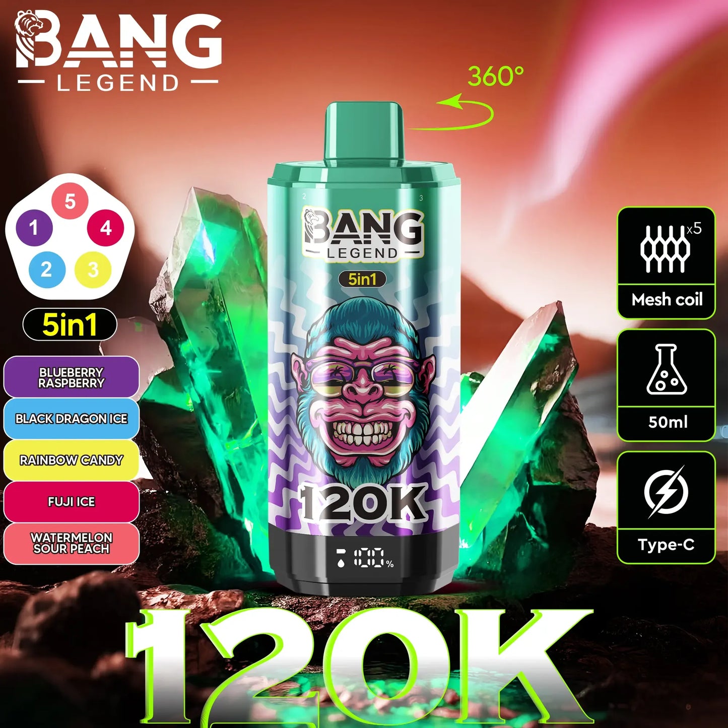 Bang Legend 120K – The Ultimate 5-in-1 Disposable Vape | 120.000 Puffs | Adjustable Triple Flavors | Nebula Burst