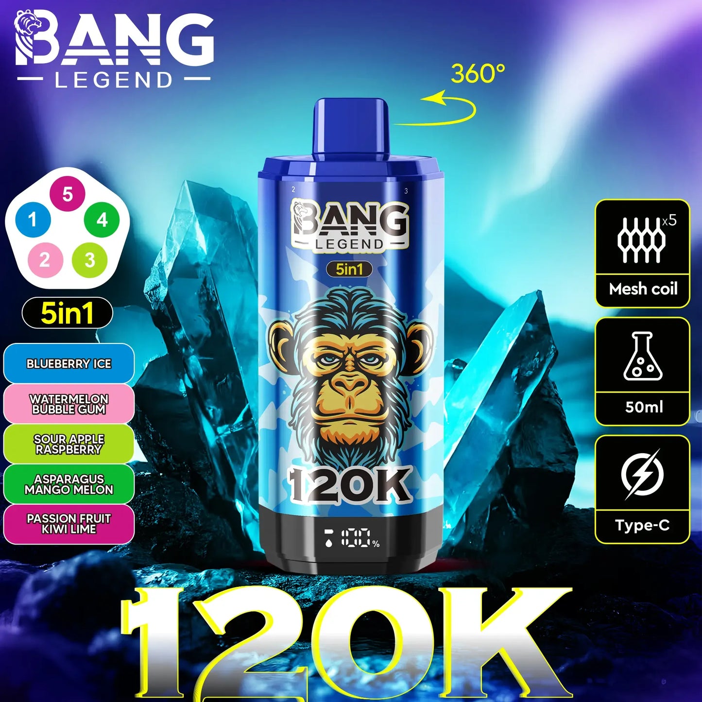 Bang Legend 120K – The Ultimate 5-in-1 Disposable Vape | 120.000 Puffs | Adjustable Triple Flavors | Nebula Burst