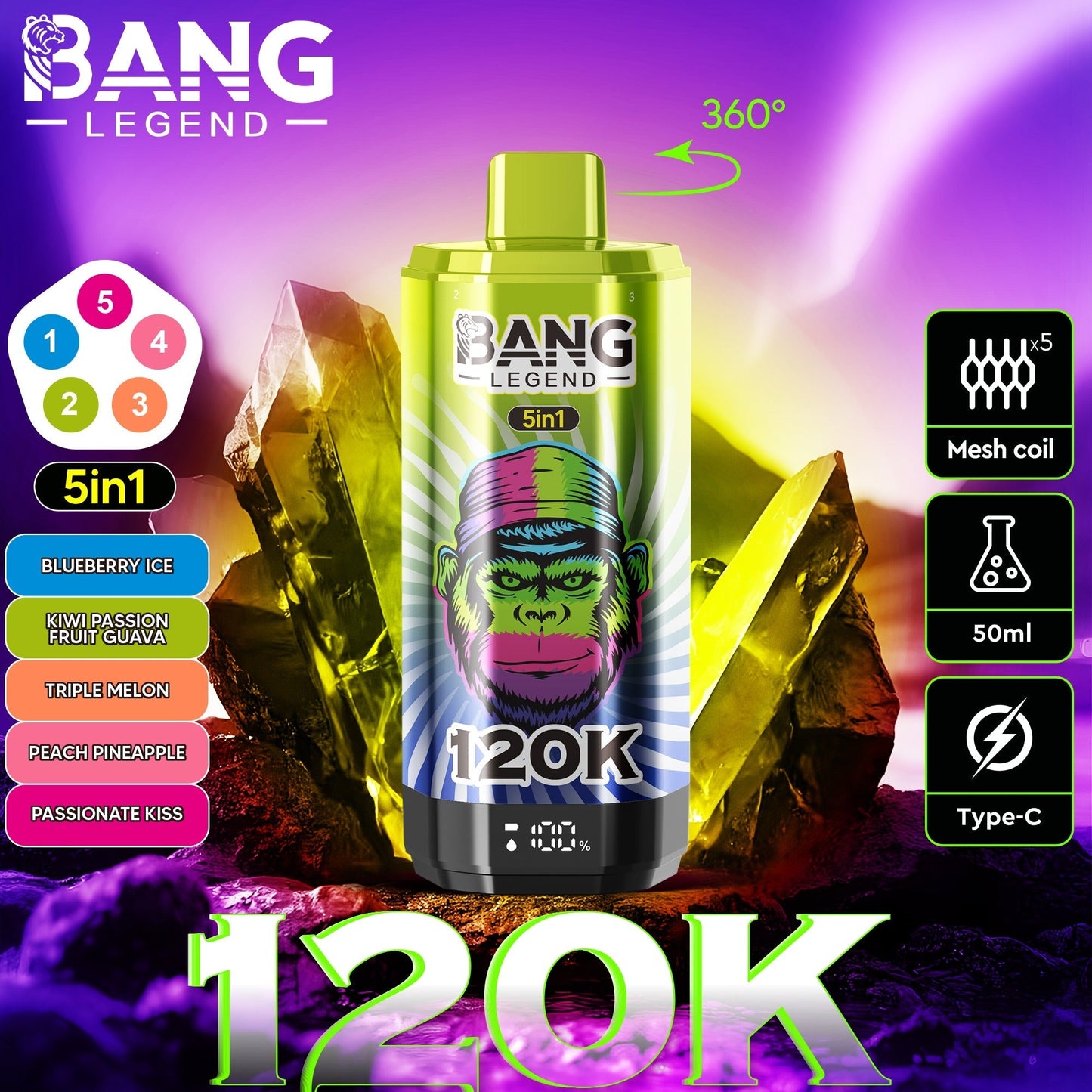Bang Legend 120K – The Ultimate 5-in-1 Disposable Vape | 120.000 Puffs | Adjustable Triple Flavors | Nebula Burst