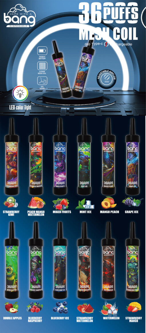 Bang 36000 Puffs Disposable Vape -650mAh Battery. 40ml E-liquid. Multiple Nicotine 12 Flavors