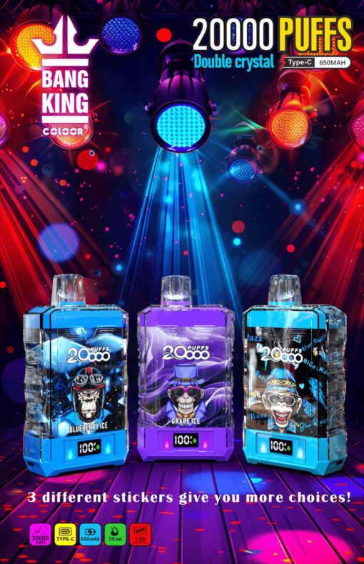Bang King Box Double Crystal 20000 Puff 20k Display Screen Disposable Electronic Cigarette Vape-850mAh Battery. 40ml E-liquid. Multiple Nicotine 12 Flavors