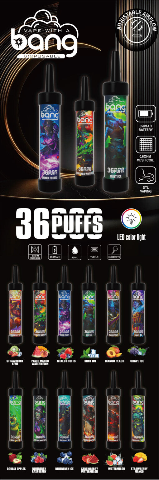 Bang 36000 Puffs Disposable Vape -650mAh Battery. 40ml E-liquid. Multiple Nicotine 12 Flavors