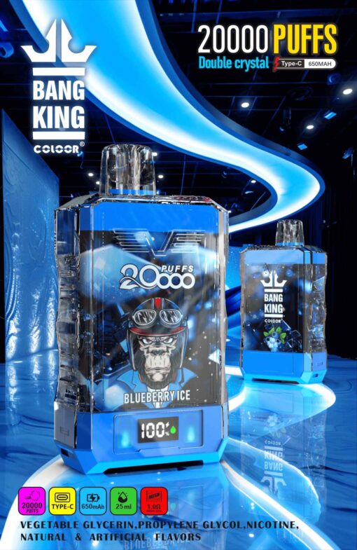 Bang King Box Double Crystal 20000 Puff 20k Display Screen Disposable Electronic Cigarette Vape-850mAh Battery. 40ml E-liquid. Multiple Nicotine 12 Flavors