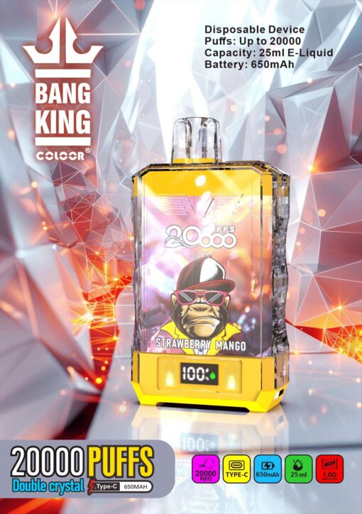 Bang King Box Double Crystal 20000 Puff 20k Display Screen Disposable Electronic Cigarette Vape-850mAh Battery. 40ml E-liquid. Multiple Nicotine 12 Flavors