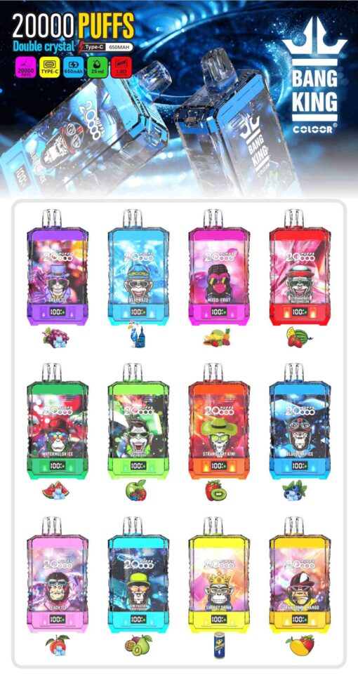 Bang King Box Double Crystal 20000 Puff 20k Display Screen Disposable Electronic Cigarette Vape-850mAh Battery. 40ml E-liquid. Multiple Nicotine 12 Flavors