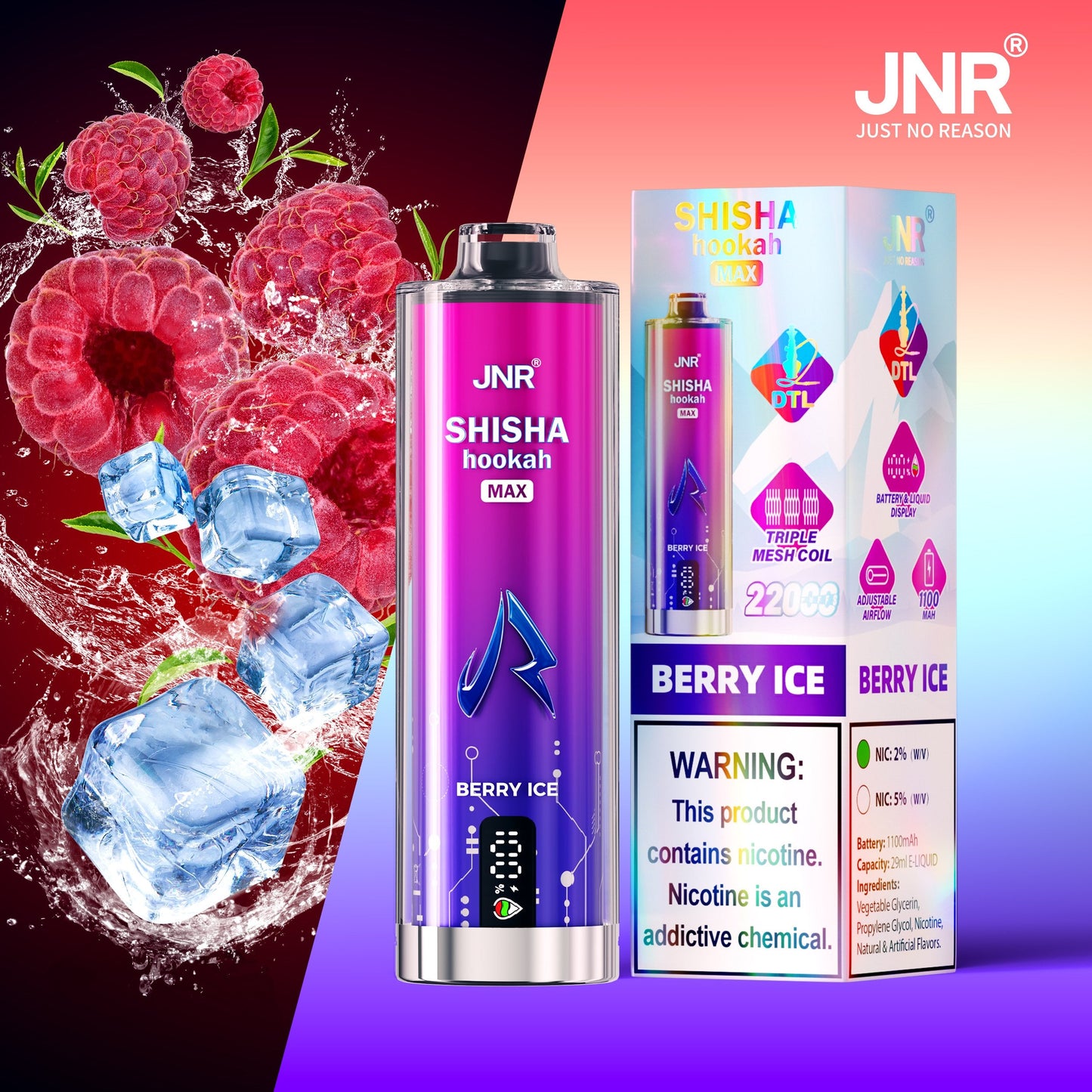 JNR Shisha Max 22000 22K Puffs Original DTL Disposable Vape Pen-850mAh Battery, 40ml E-liquid, Multiple Nicotine 12 Flavors